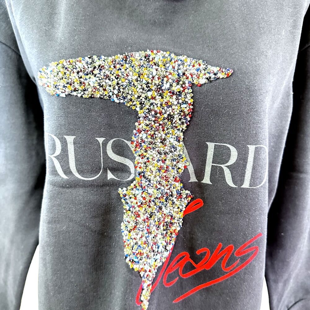 TRUSSARDI JEANS Women's Cotton Sweater Black Embellished Logo Sweatshirt SZ L - Picture 4 of 16